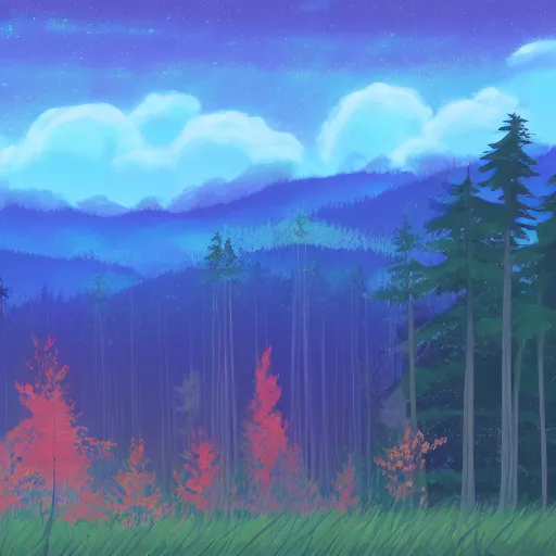 Prompt: forest lanscape panorama by makoto shinkai in pixar style backdrop gouache 9 0 s cartoon