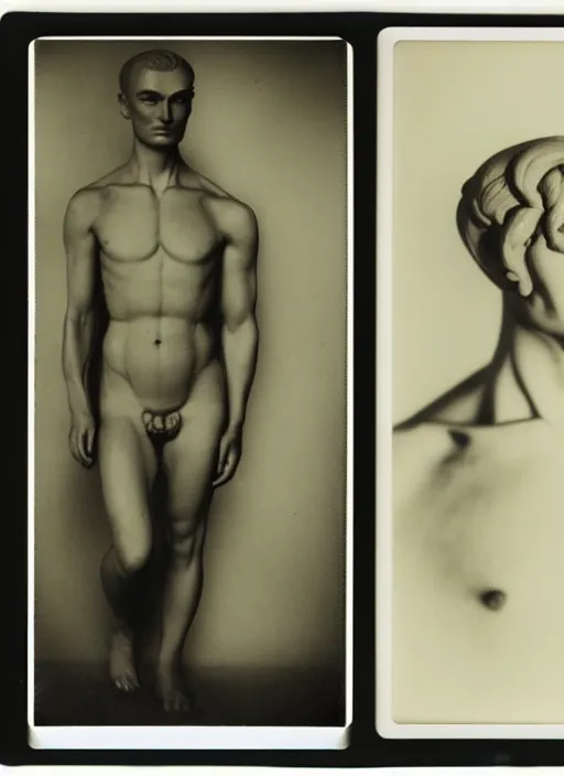 Prompt: an an android with an adult male human looking face is the thinker by auguste rodin, polaroid fashion photography, flash photography, photo taken in a back storage room where you can see empty shelves in the background, 3 / 4 view portrait head chest and arms portrait of