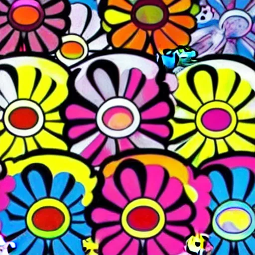 Image similar to silhouette of head exploding into flowers, bright colors, Takashi Murakami, Minimalist,