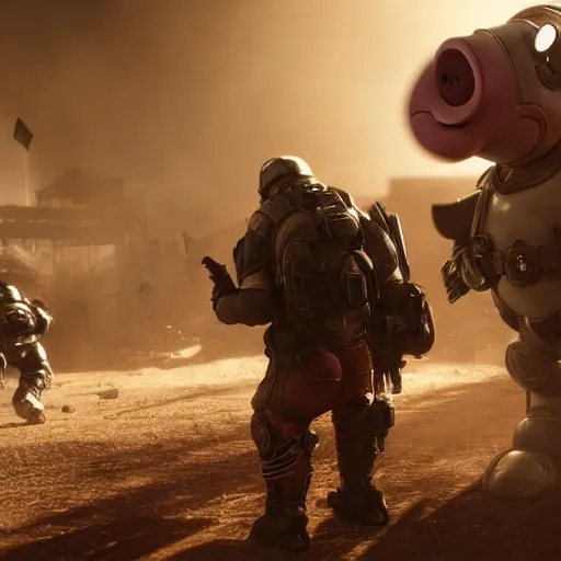 Image similar to Peppa pig in Gears of War, splash art, movie still, cinematic lighting, dramatic, octane render, long lens, shallow depth of field, bokeh, anamorphic lens flare, 8k, hyper detailed, 35mm film grain