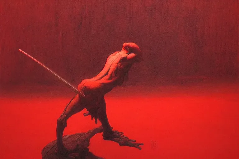 Image similar to only with red, a red samurai harakiri, tokio, a lot of frogs watch, in the style of beksinski, parts by edward hopper, parts by rodcenko, parts by yue minjun, intricate and epic composition, red by caravaggio, insanely quality, highly detailed, masterpiece, red light, artstation, 4 k