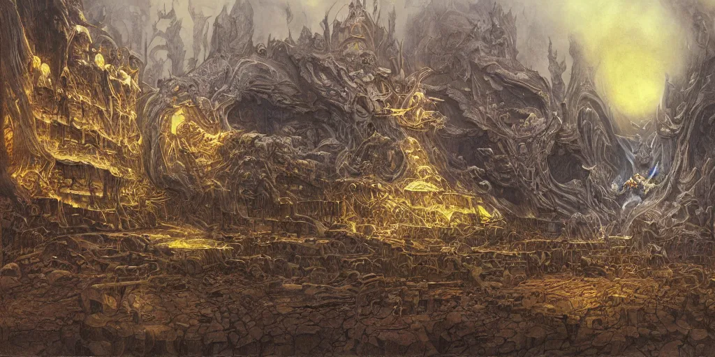 Image similar to Artwork by John Howe of the cinematic view of the Great Sanctum of Annihilation.