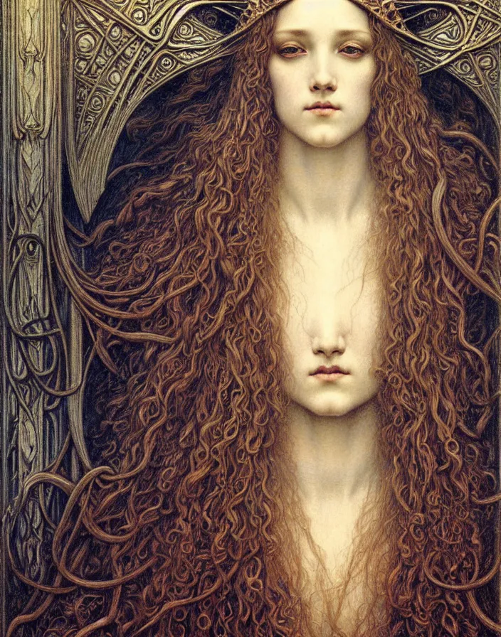 Image similar to detailed realistic beautiful young medieval queen face portrait by jean delville, gustave dore and marco mazzoni, art nouveau, symbolist, visionary, gothic, pre - raphaelite. horizontal symmetry