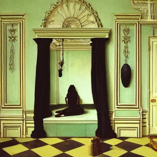 Image similar to a black monster in a liminal room, film still by wes anderson, depicted by canova, limited color palette, very intricate, art nouveau, highly detailed, lights by hopper, soft pastel colors, minimalist