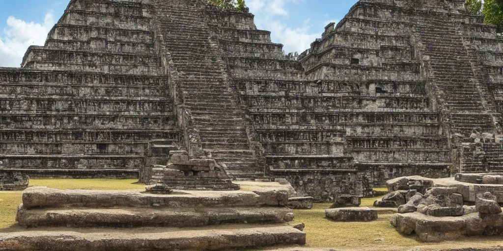 Image similar to a photo of an ancient maya temple, masterpiece, very detailed, 8k hdr, golden hour