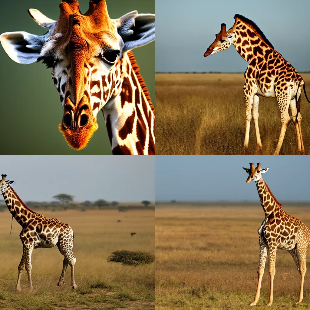 Prompt: realistic professional 4k photograph of giraffe with tiger stripes on the african plains