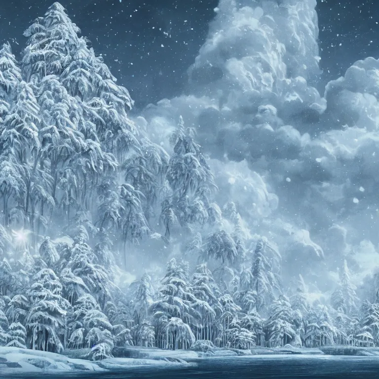 Image similar to beautiful illustration of advanced civilization composed of floating snowy forests