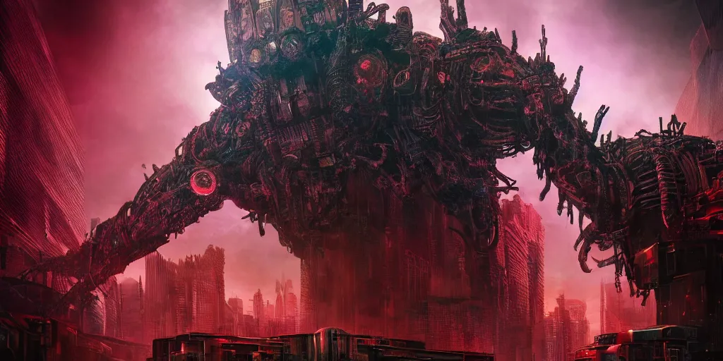 Image similar to a cyberpunk chtulhu creature closeup, fallout 5, studio lighting, deep colors, apocalyptic setting, vertically mirrored city in background