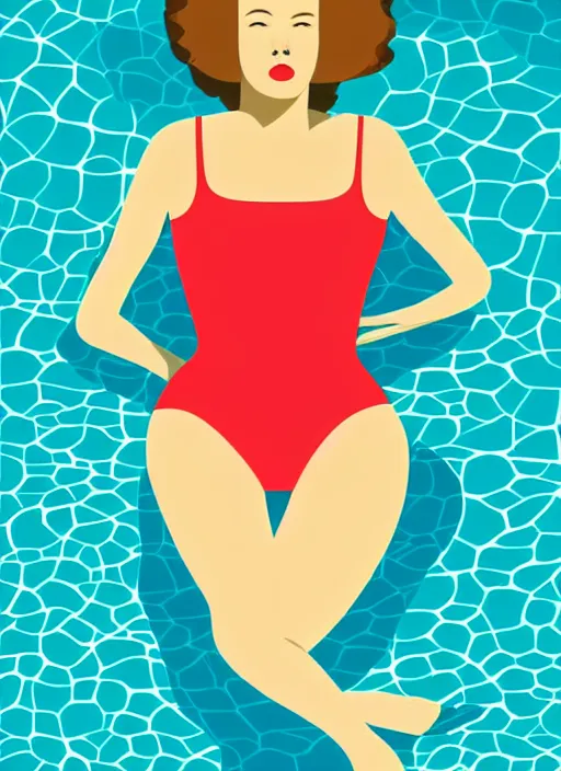 Image similar to portrait of a girl, in retro swimsuit, lying by the pool, minimalist illustration, flat colors, contrasting shadows art by anri matiss, maria medem, roberts rurans