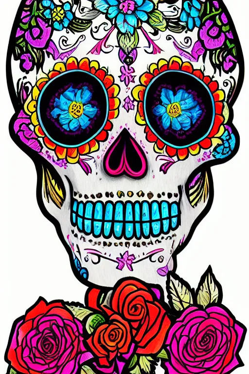 Prompt: illustration of a sugar skull day of the dead girl, art by don ed hardy