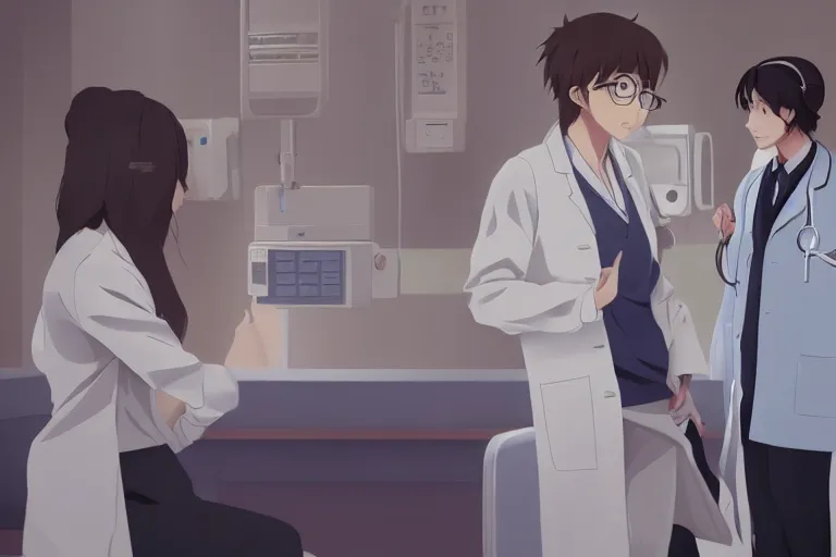 Image similar to a cute young female doctor wearing white coat are talking with an old surgeon in a hospital, lighting, anime scenery by Makoto shinkai