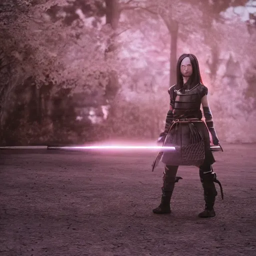 Image similar to a 75mm shot from a samurai girl in the battleground waiting for the enemies ,volumetric lights, dark, cinematographic, from a marvel movie, octane render , 4k , high resolution, ultra realistic, epic