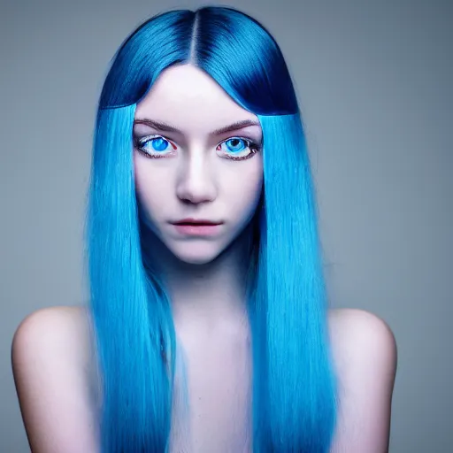 Image similar to teenage girl, blue iris eyes, gradient blue hair, high quality photos, translucent, modelsociety, white radiant skin, rtx on, perfect face, intricate, sony a 7 r iv, symmetric balance, photolab, photography award