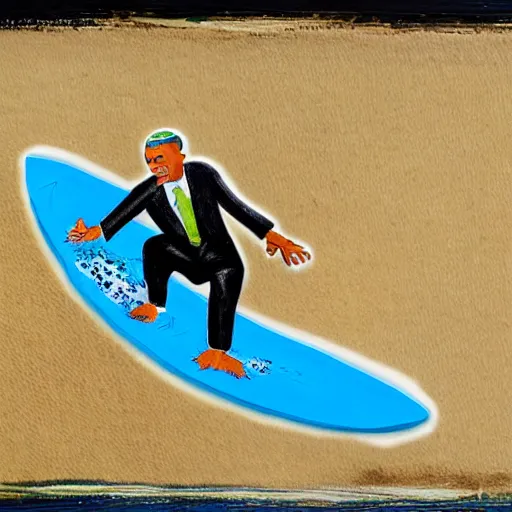 Image similar to obama surfing in rough surf holding a margarita, sharp focus, intricate details, highly detailed, realistic