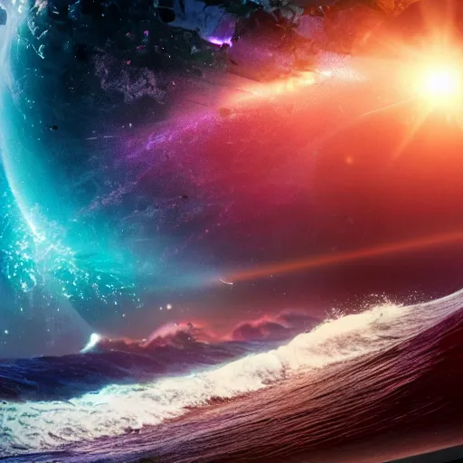 Image similar to photo of a alien surfing a surfboard on a crashing l wave of alien ocean in space, background is an alien galaxy, aliens in the background, alien colors, octane render, unreal engine, wide view, 8 k, high detaild