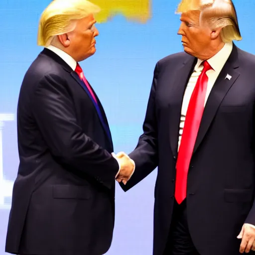 Prompt: photo of donald trump shaking joe bidens hand, gracefully accepting election results. conceding. wow the ai only shows donald trump shaking just own hand somehow lol...