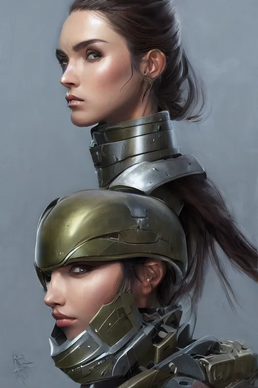 Prompt: a professional portrait of an attractive young female, clothed in military-style battle armor, olive skin, long dark hair, beautiful bone structure, symmetrical facial features, intricate, elegant, digital painting, trending on Artstation, concept art, smooth, sharp focus, illustration, finely detailed, from Metal Gear by Ruan Jia and Mandy Jurgens and Artgerm and William-Adolphe Bouguerea, award winning