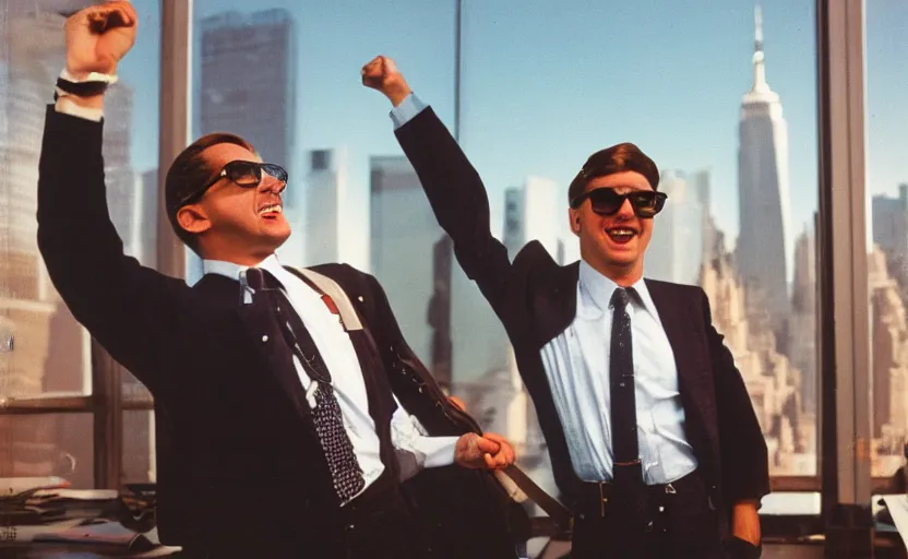 Prompt: color photo of a photomodel handsome wall street banker cheering. arms up. wearing suspenders. wearing aviator glasses in his office. new york city in the background. 8 0's style