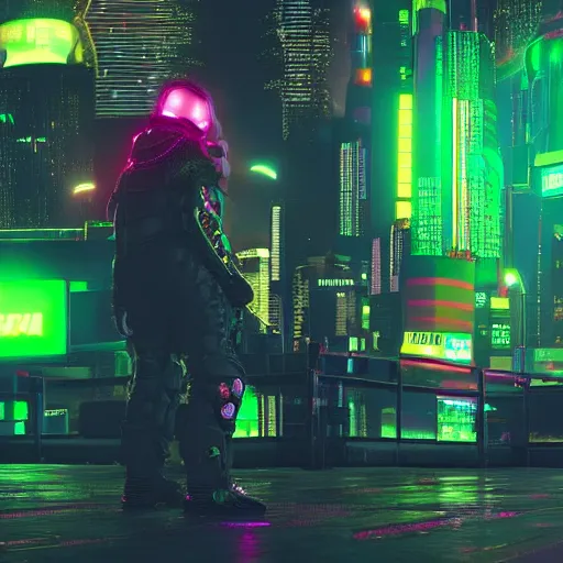 Image similar to cyberpunk super mario super realistic in neon green exoarmour in a cinematic composition