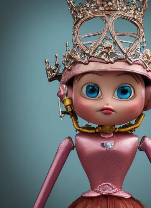 Prompt: closeup profile portrait of tin toy fairytale princess wearing a crown robot trap, depth of field, zeiss lens, detailed, symmetrical, centered, fashion photoshoot, by nicoletta ceccoli, mark ryden, lostfish, breathtaking, 8 k resolution, extremely detailed, beautiful, establishing shot, artistic, hyperrealistic, octane render