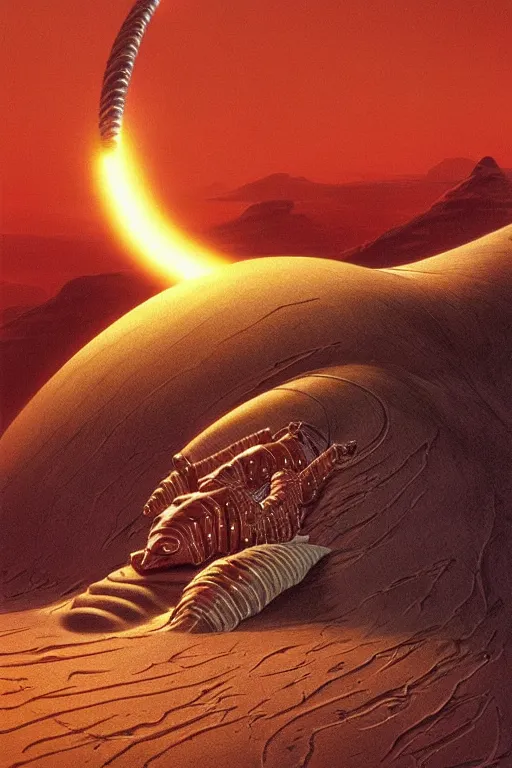 Image similar to a sandworm on arrakis, god emperor of dune by david a hardy and noriyoshi ohrai, highly detailed, cinematic composition, trending on artstation