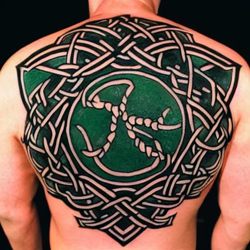 Image similar to tattoo on the shoulder, nordic and celtic, viking with sword and shield in the middle of knotwork, celtic knot band with a viking warrior centerpiece, viking holds a shield frontward and a sword over his head, dark green black ink tattoo