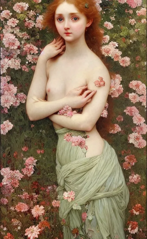 Image similar to a realistic oil painting of a girl resembling lily cole, covered in tons of flowers, highly detailed, intricate, detailed background, fairytale, artstation, by mucha, by william adolphe bouguereau, by waterhouse