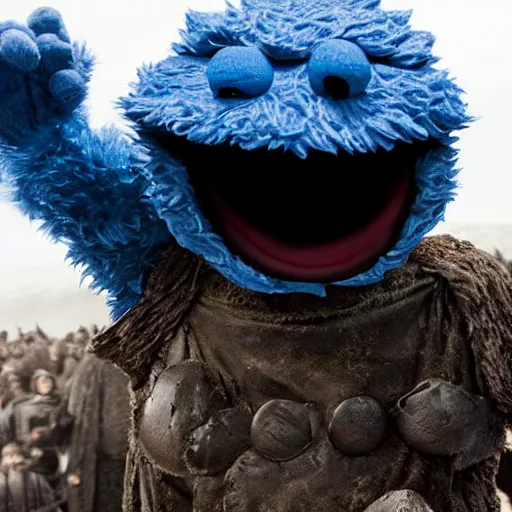 Image similar to cookie monster in game of thrones. having the time of his life.