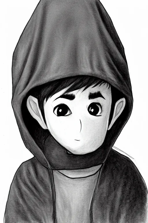 Prompt: pencil illustration, portrait of a small character, with a big head, wearing a hood