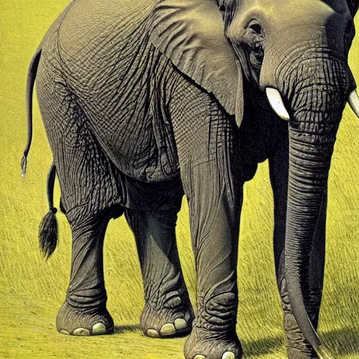 Image similar to Portrait of an elephant on a green meadow, style Franklin Booth