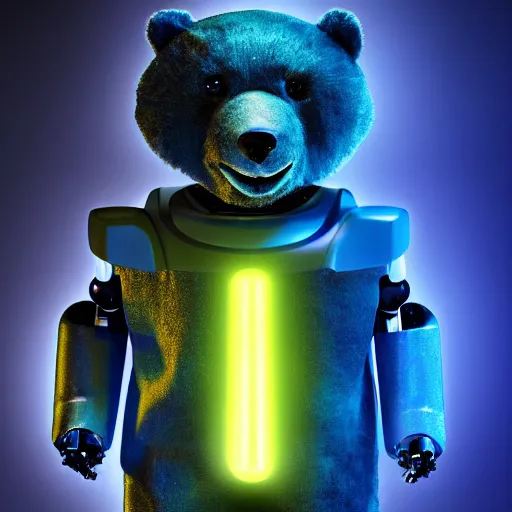 Image similar to portrait photo of a robot bear as a jedi, blue and yellow lighting, dark, cinematic, high quality, 4 k
