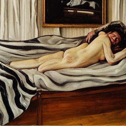 Prompt: lucian freud painting of old ema stone laying down on a victorian bed in a big old room