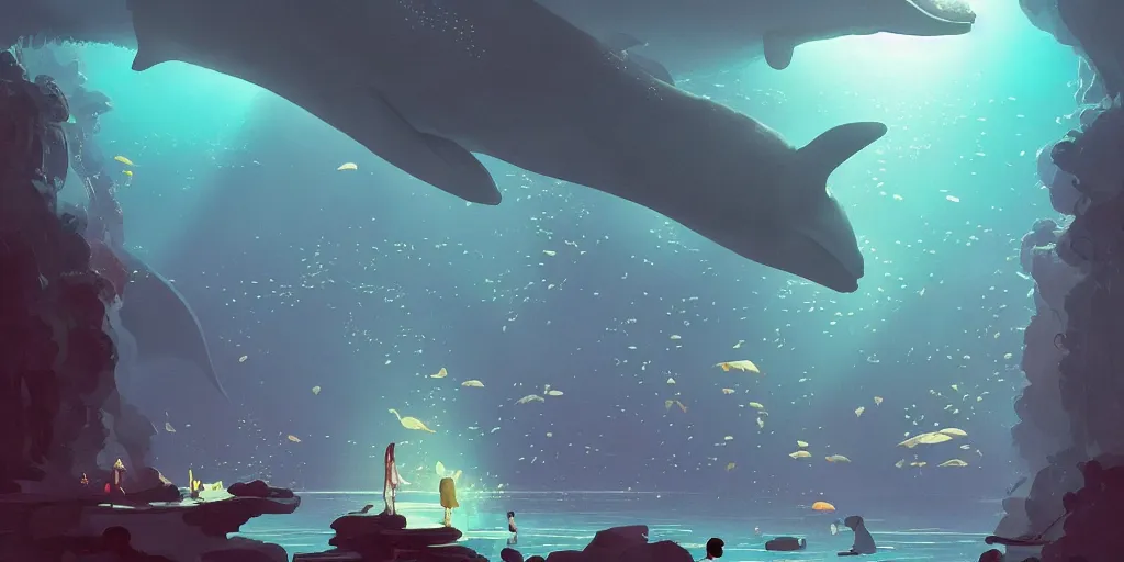Prompt: giant aquarium in natural cave, levitating whales and dolphins, giant glowing jelly fishes, fantasy people, volumetric light, god rays of light, bright neons, scifi lampposts, art by pascal campion and moebius, trending on artstation