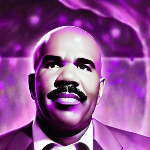 Image similar to closeup portrait of an ethereal steve harvey made of purple light, divine, cyberspace, mysterious, dark high-contrast concept art