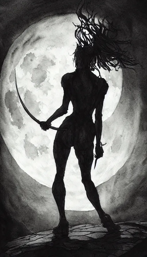 Image similar to book cover art, female dark witch from behind in front of the full big moon, watercolor, dramatic lighting, cinematic, establishing shot, extremely high detail, foto realistic, cinematic lighting, pen and ink, intricate line drawings, by Yoshitaka Amano, Ruan Jia, Kentaro Miura, Artgerm, post processed, concept art, artstation, matte painting, style by eddie mendoza, raphael lacoste, alex ross