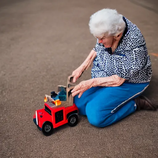 Prompt: elderly woman as a toy truck, canon eos r 3, f / 1. 4, iso 2 0 0, 1 / 1 6 0 s, 8 k, raw, unedited, symmetrical balance, wide angle