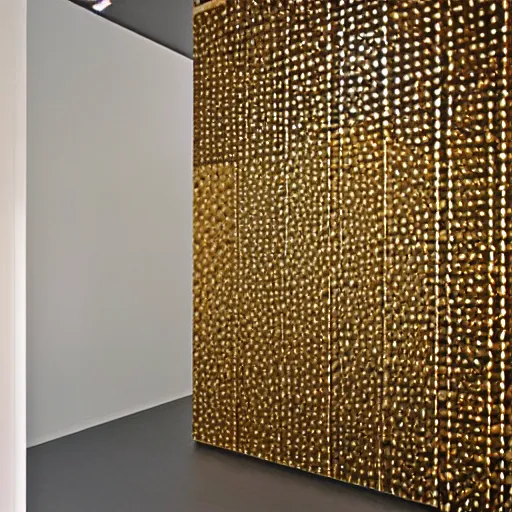 Image similar to a wall made of geometric gold pieces overlaying each other. The wall is bordered by a copper tinted mirror.
