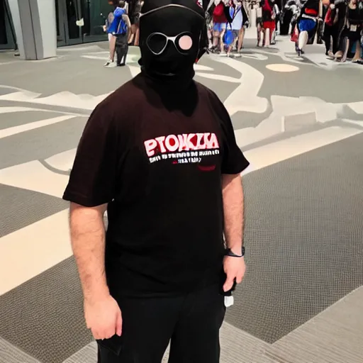 Prompt: a short stocky Italian man wearing a red ski mask over his face, with black goggles on his head, black t-shirt and light khaki cargo shorts, posing for a picture at anime matsuri convention