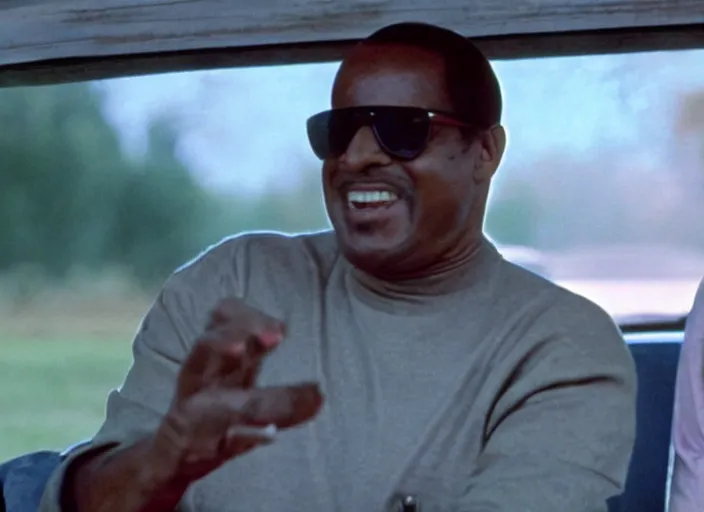 Image similar to film still of Stevie Wonder driving a schoolbus in the new Field of Dreams movie, 8k