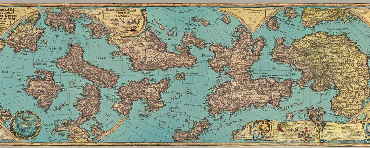 Prompt: General reference map. In the centre of the map is a large circular ocean. In the middle of the ocean are four islands. Surrounding the ocean is unbroken land. On the land there are sections of mountains, grasslands, forests, and deserts. Bold colours, intricate, highly detailed, cartographic