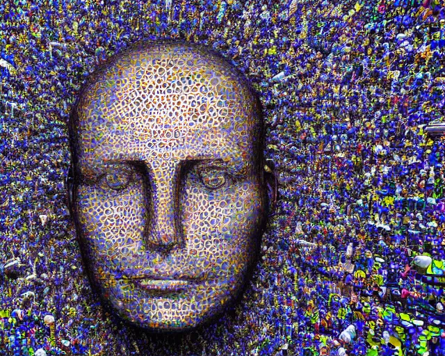 Image similar to a long shot of a giant award winning sculpture of a human head made out of human eyes, in the style of chad knight, hyper detailed, hyper realistic, ray tracing, 8 k resolution, sharp focus, realistic water