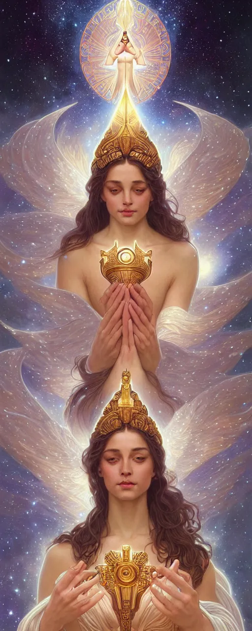 Image similar to perfectly detailed goddess of galaxies portrait judgement tarot card!! blessed by the universe with ever - increasing physical mental perfection, symmetrical! intricate, sensual features, highly detailed, universeral divine perfection!! digital painting, artstation, concept art, smooth, sharp focus, illustration, art by artgerm and greg rutkowski and alphonse mucha