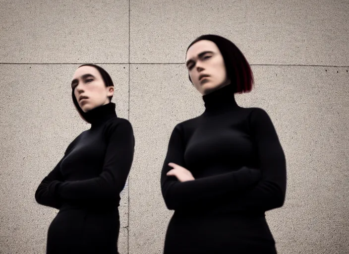 Image similar to closeup photographic portrait of 2 clones in front of a brutalist metal building, 2 techwear women, on a desolate plain, red sky, black oversized clothes, sigma 8 5 mm f / 1. 4, 4 k, depth of field, 8 k, high resolution, hd, full color