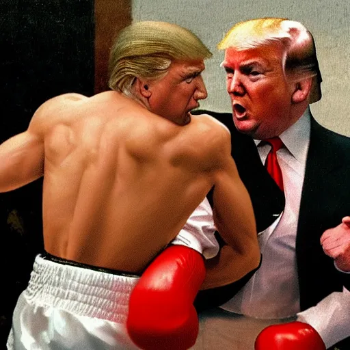 Prompt: a renaissance painting of donald trump and joe biden fighting in a boxing ring