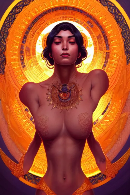 Image similar to symmetry!! intense fanart of 3 / 4 full front pose of a sensual sun goddess, protagonist, intricate, elegant, highly detailed, my rendition, digital painting, artstation, concept art, perfect, smooth, sharp focus, illustration, art by artgerm, kilian eng, greg rutkowski and alphonse mucha