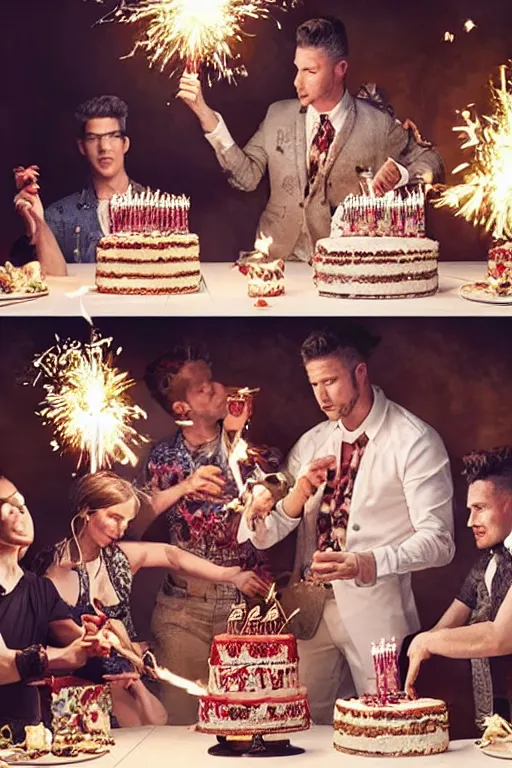 Image similar to dolce & gabbana campaign featuring artist ben schumacher blowing out all the candles on the birthday cake, sparklers, realistic vfx simulation