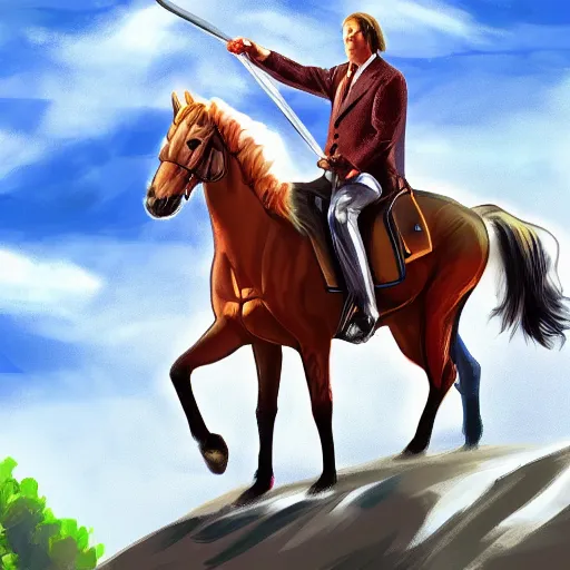 Prompt: saul goodman riding a horse while holding a sword, digital art, high rated, realistic