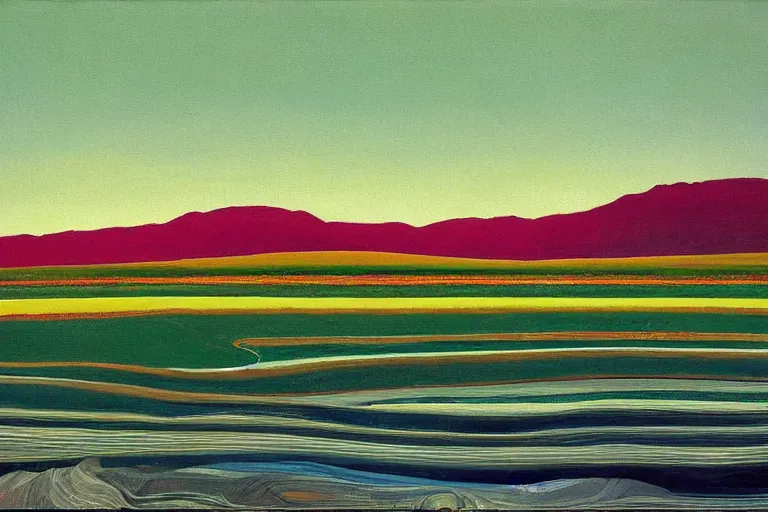 Image similar to Landscape painting. Wild energy patterns rippling in all directions. Curves, zig-zags. Organic. Mountains. Clouds. Vegetation. Rushing water. Waves. LSD. Wayne Thiebaud