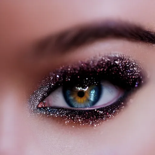 Image similar to Close-up of an young asian woman's face, wearing glitter. Photography, Canon. Award Winning.