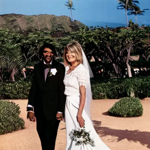 Image similar to martha stewart getting married to snoop dog in hawaii, paparazzi magazine photo, 8 k,